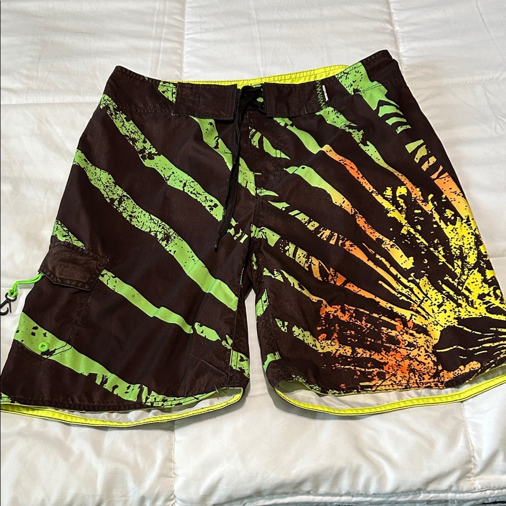 Body Glove Brown and Neon Green Board Shorts